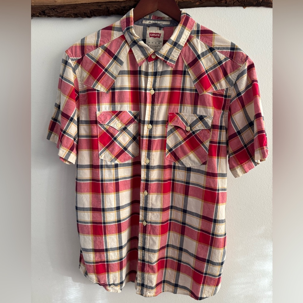 Levi's Men's Red and White Plaid Button Down Shirt